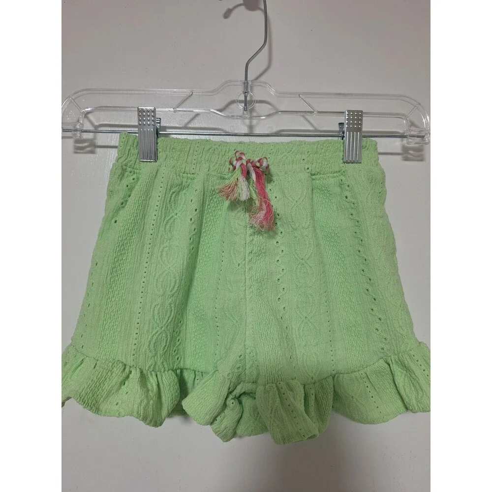 Little Lass Girls Size 6 Lime Green Textured Pointelle Knit Shorts Ruffle Tassel